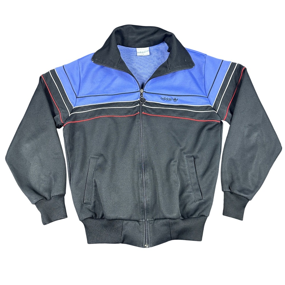 Vintage Adidas Track Jacket 1980s Colorblock Trefoil Blue Black Mens Medium
